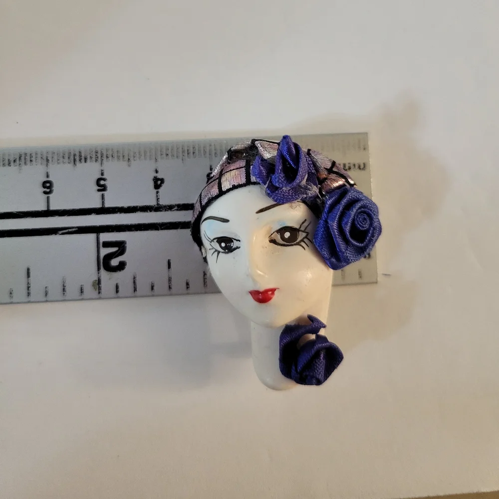 Vintage Clay Flapper Girl Brooch Blue Gold